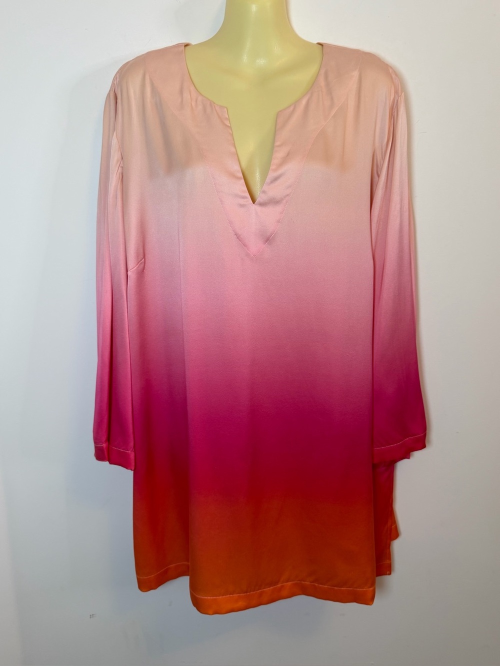 Badgley Mischka Pink to Orange Ombre V-Neck Silk Tunic